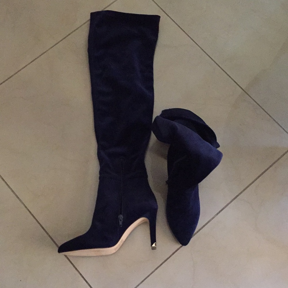Brushed faux suede over the knee royal blue boots